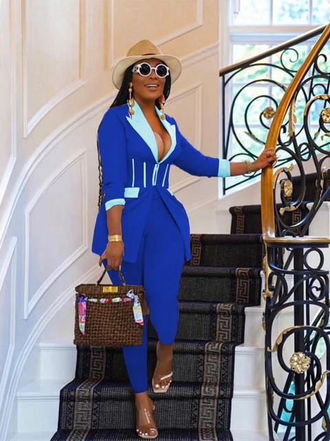 YiHWEI Women's Blazer Elegant Suit Women's Elegant 2-Piece Sporty Trouser  Suit Streetwear Blazer Women, A Blue : : Fashion