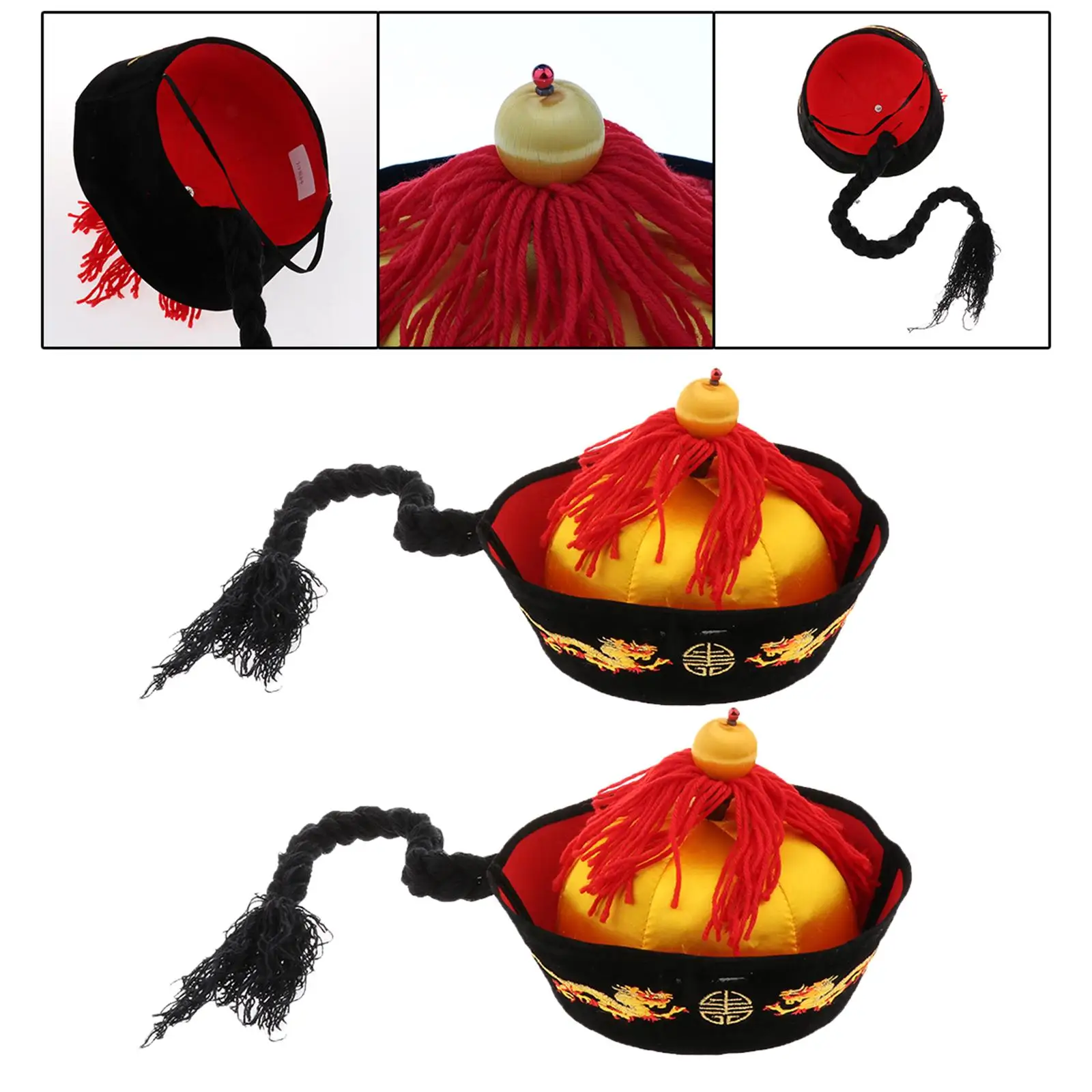 Chinese Emperor Hat with Braid Decorative Ethnic Hat for Photography Props Party Masquerade Stage Performance Fancy Dress