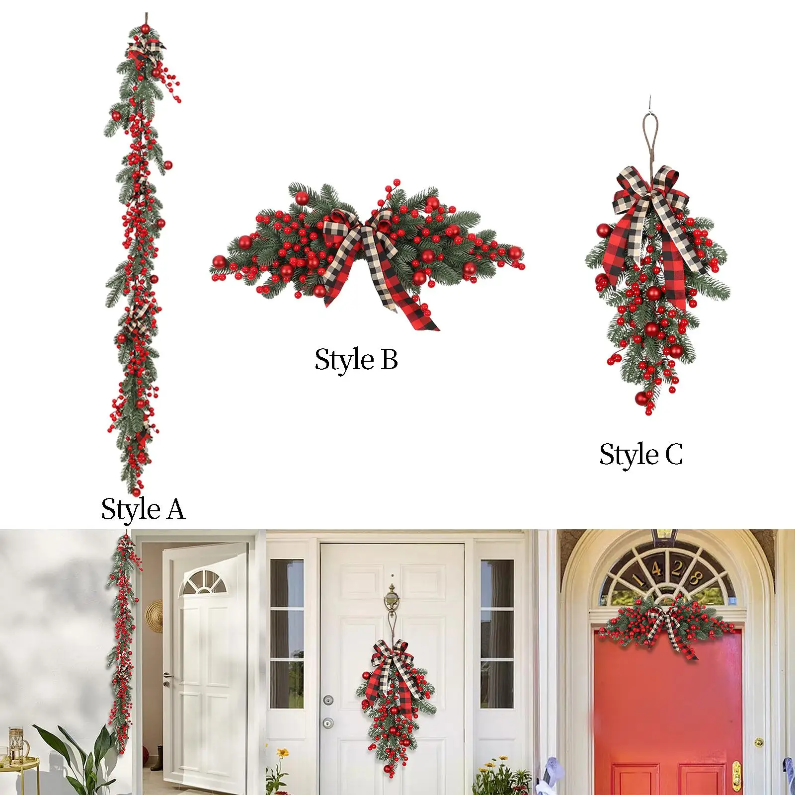 Christmas Wreath Artificial Red Berries Pendant New Year Front Door Wreath