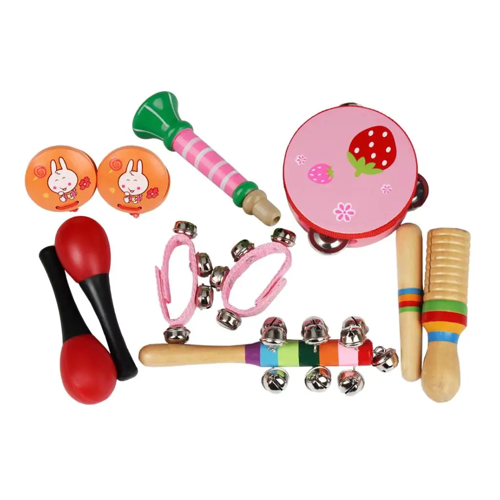 Muscial Instrument Set 7 Kinds Tambourine Drum Percussion Toys for Kids Toddlers Pink