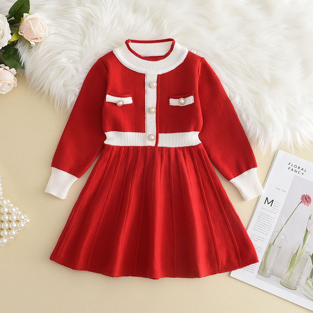 3-7 Jahre Alte Koreanische Version Marineblaues Süßes und Niedliches Mädchenkleid Herbst- und Winter-Strickkleid mit Langen Ärmeln für Kinder – Detail 2