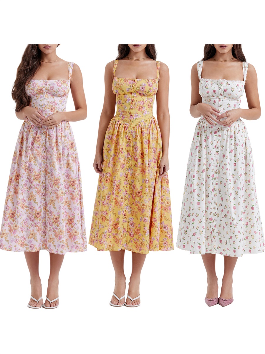 Verão Midi vestido sem mangas Floral botão