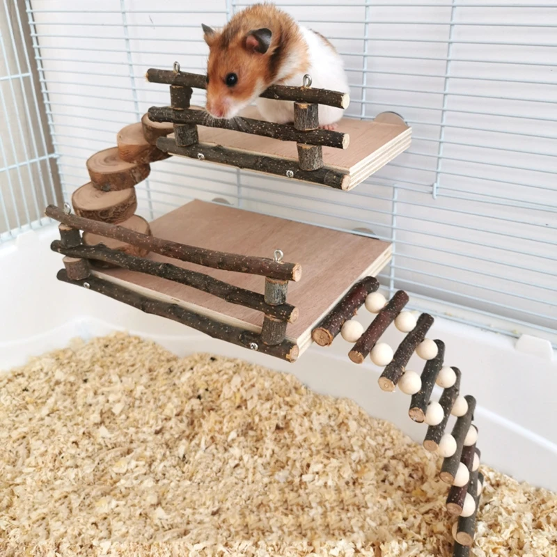Rat Playground Platform Climbing Ladder/Ramp Bridge/Food Bowl Chew Toy for Syrian Hamster Gerbil Mouse Chinchilla Linifar Hamster Playground Wooden Small Animal Activity Toys Set 