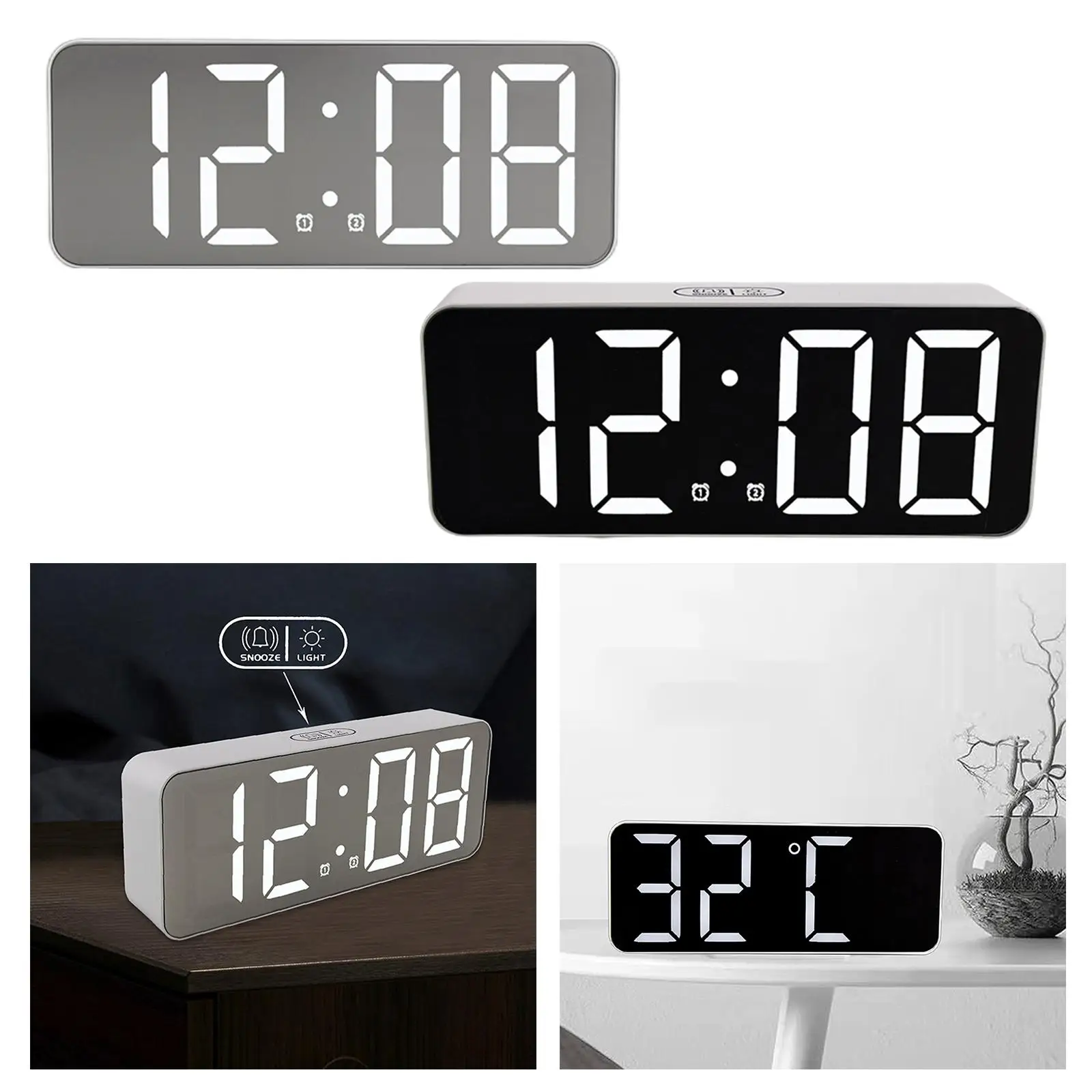 Electronic Desk Alarm Clock LED Digital Clock Mirrored for Home Office Teens