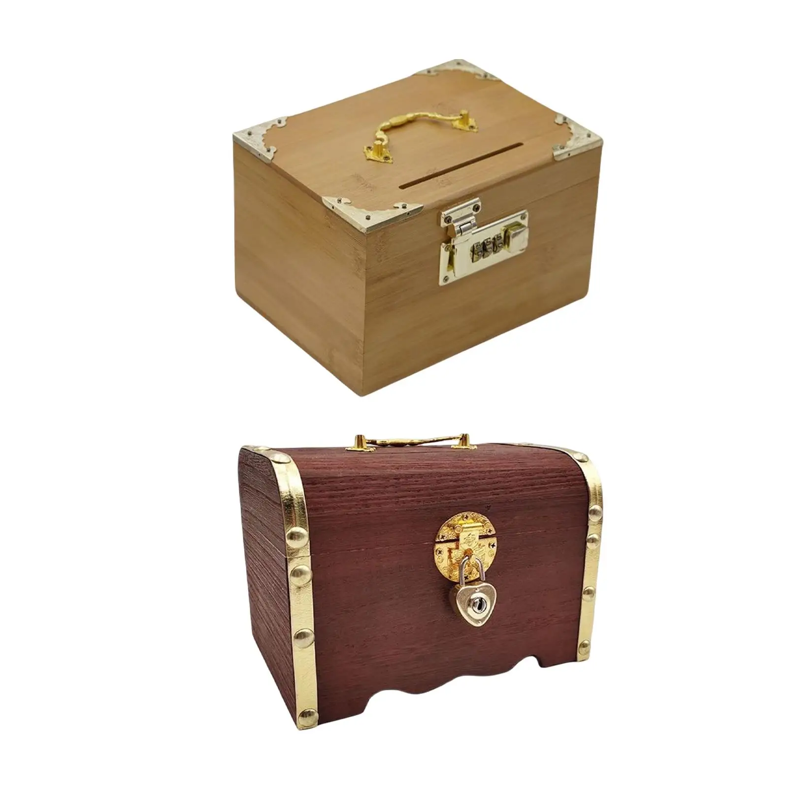 Vintage Wooden Piggy Bank with Lockable Lid Coin Box Jewelry Box Free Standing Treasure Chest for Card Coin Gifts for Kids Adult