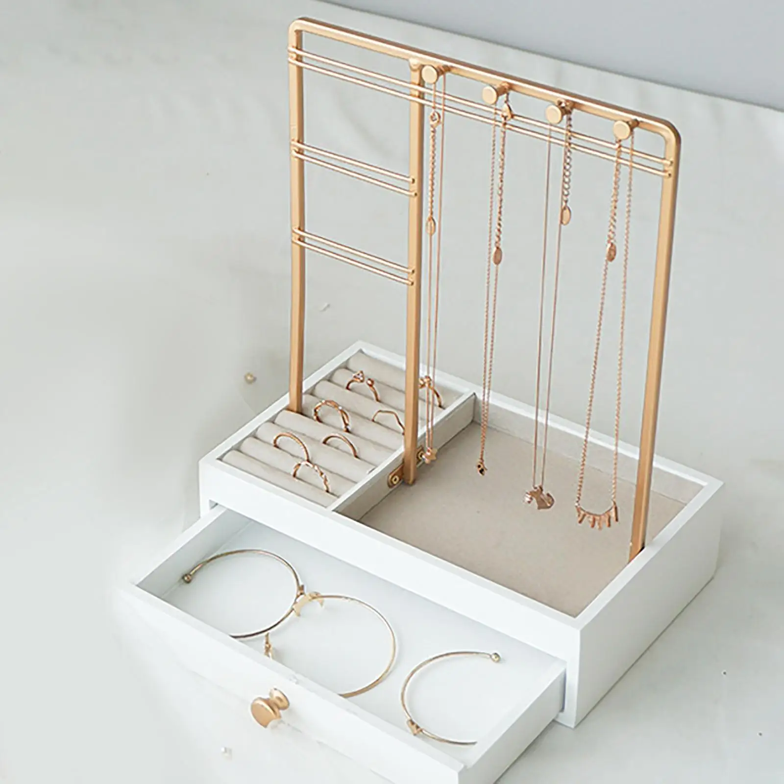 Jewelry Organizer Stand with Drawer Wood Basic with Hooks Storage Box Display Tower for Necklace Rings Earring Watches Bracelets