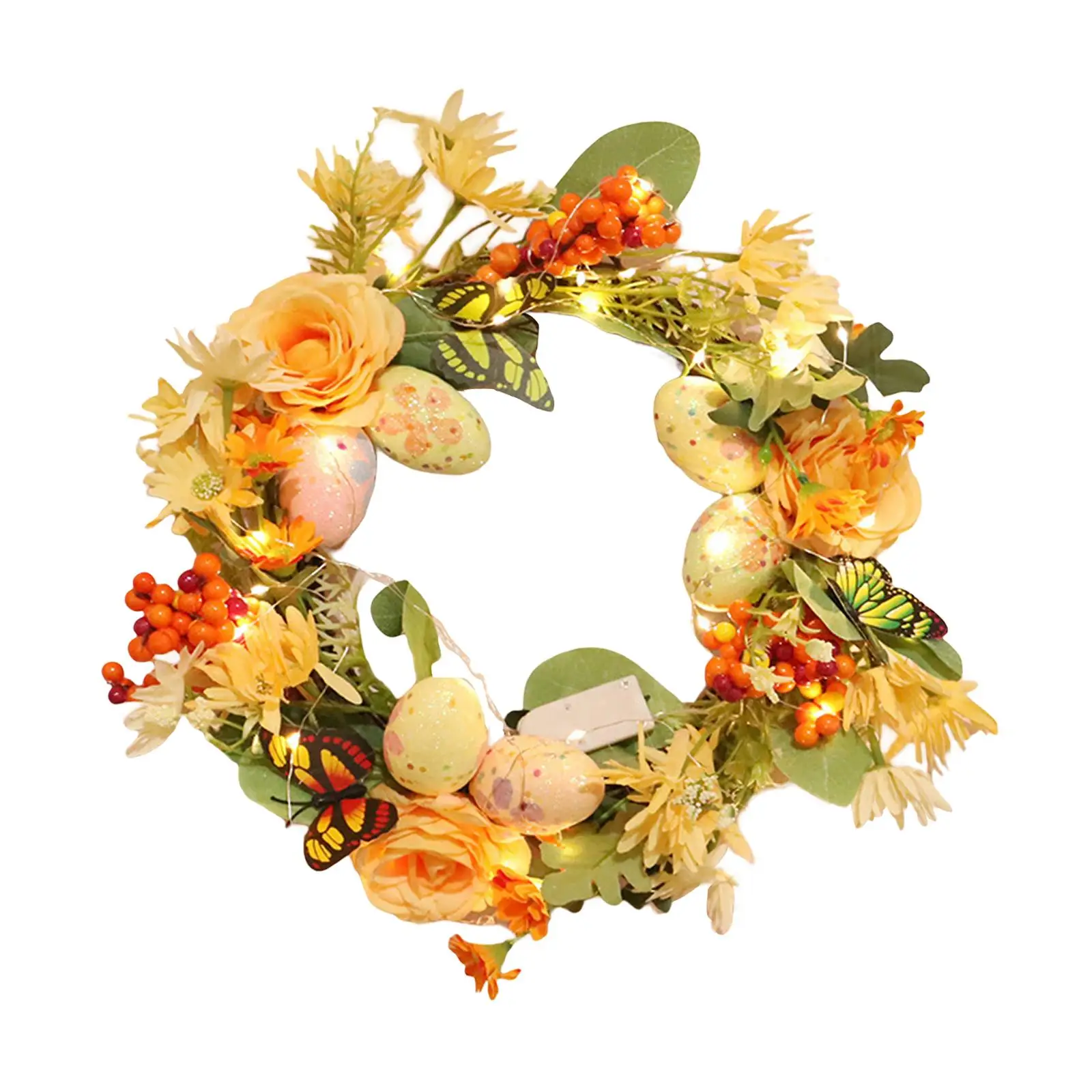 Lighted Easter Wreath Front Door Wreath with Colorful Egg 12inch Ornament Flowers Wreaths for Wedding Photo Prop Festival Party