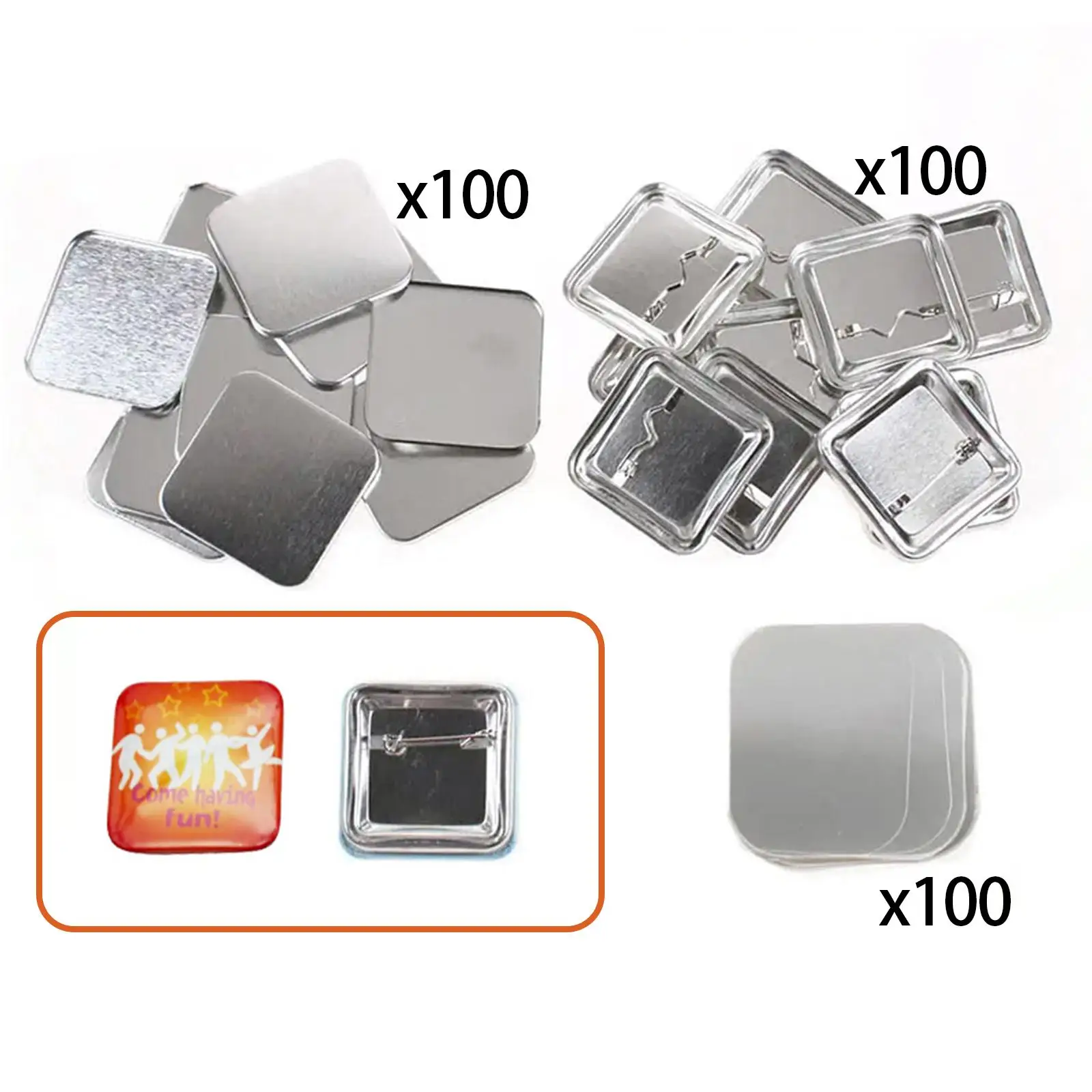 100Sets Blank Button Badge Supplies Square Shape Metal Button Material Badge Kit for DIY Souvenirs Gifts Crafting Jewelry Making