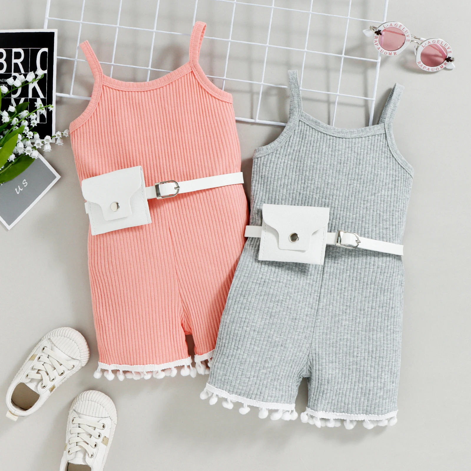 Baby Bodysuits medium Kids Summer Outfit, Contrast Color U-Neck Sleeveless Playsuit+ Waist Bag for Baby Girls, Pink/Gray, 9 Months-4 Years Baby Bodysuits are cool