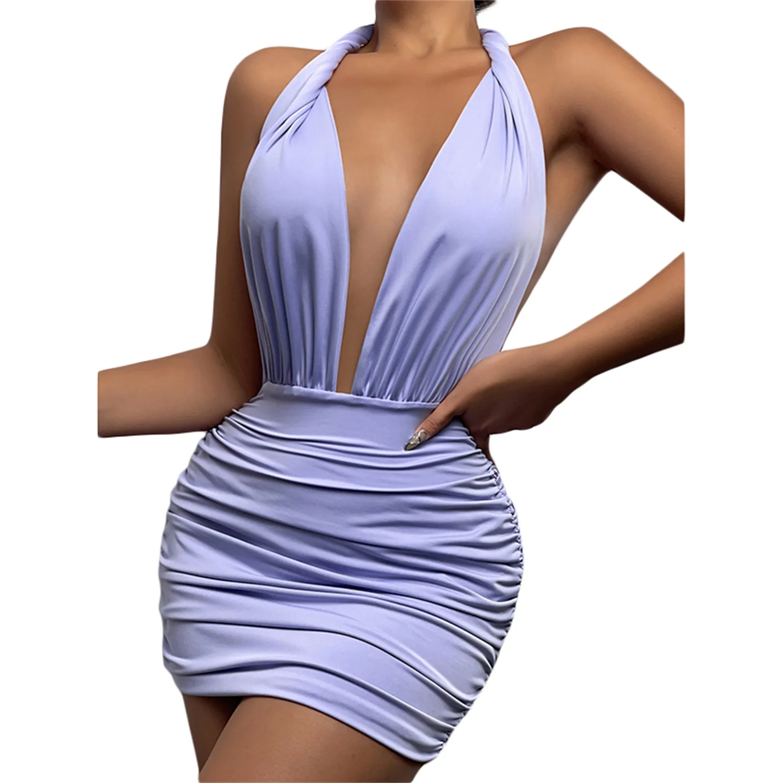 2022 Fashion Women Sexy Backless Ruched Bodycon Slip Dress Sleeveless Low Cut Tie Up Halter Mini Dress Club Evening Party Dress wedding guest dresses