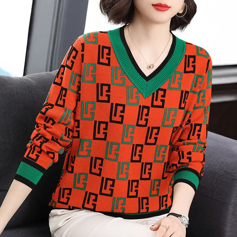geométrica do vintage impresso camiseta roupas femininas outono inverno malha elegante retalhos comutar solto com decote em pullovers