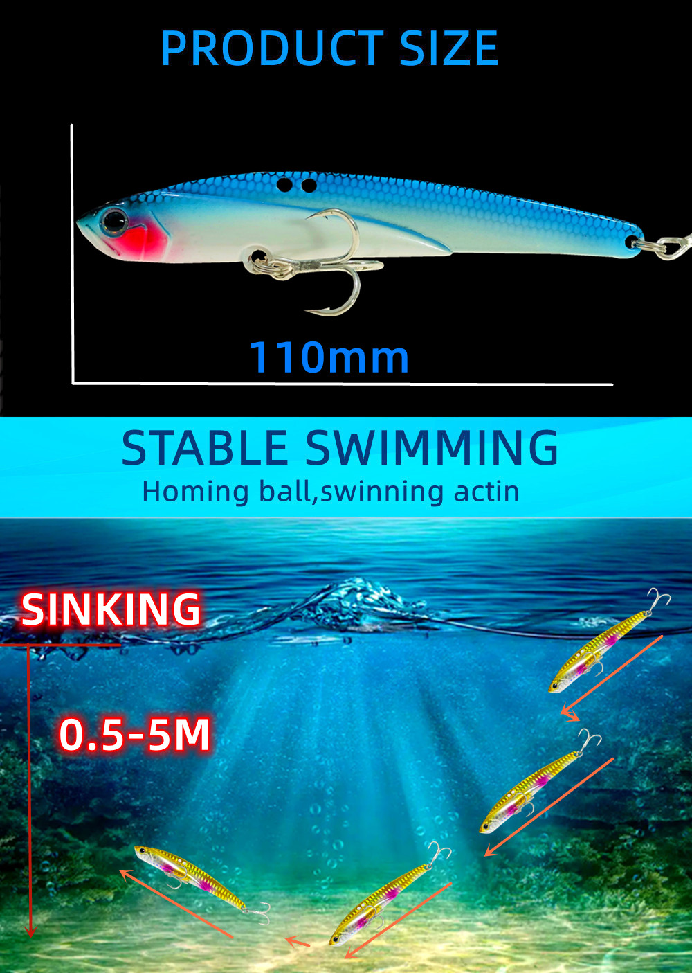 110mm 44g Sinking VIB Angeln Köder Forelle Bass Köder Salzwasser Swimbait Metall Jig Wobbler Angeln Pesca Metall Vib locken – Detail 2