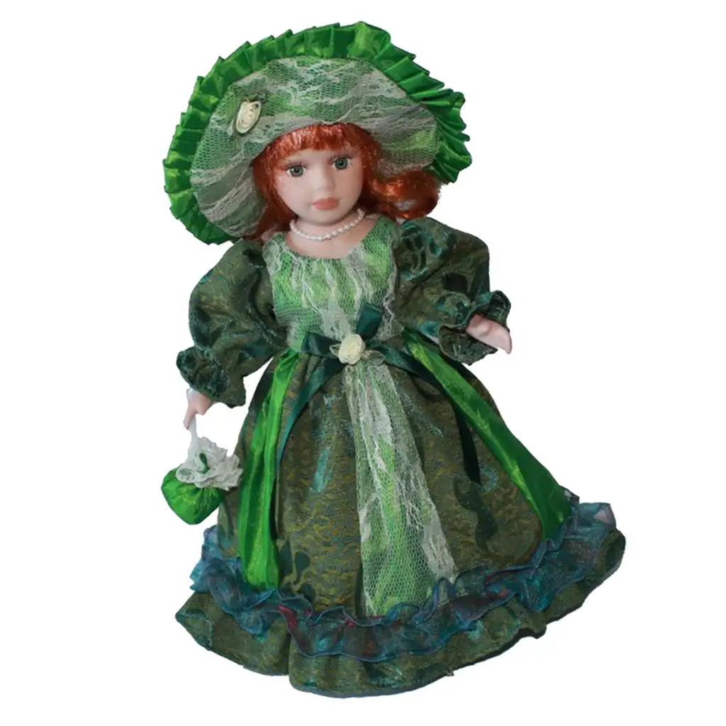 12 inch Elegant Porcelain  Miniatures,  Girl   Hair, Hat, Handbag, Shoes, Dress and Display Stand