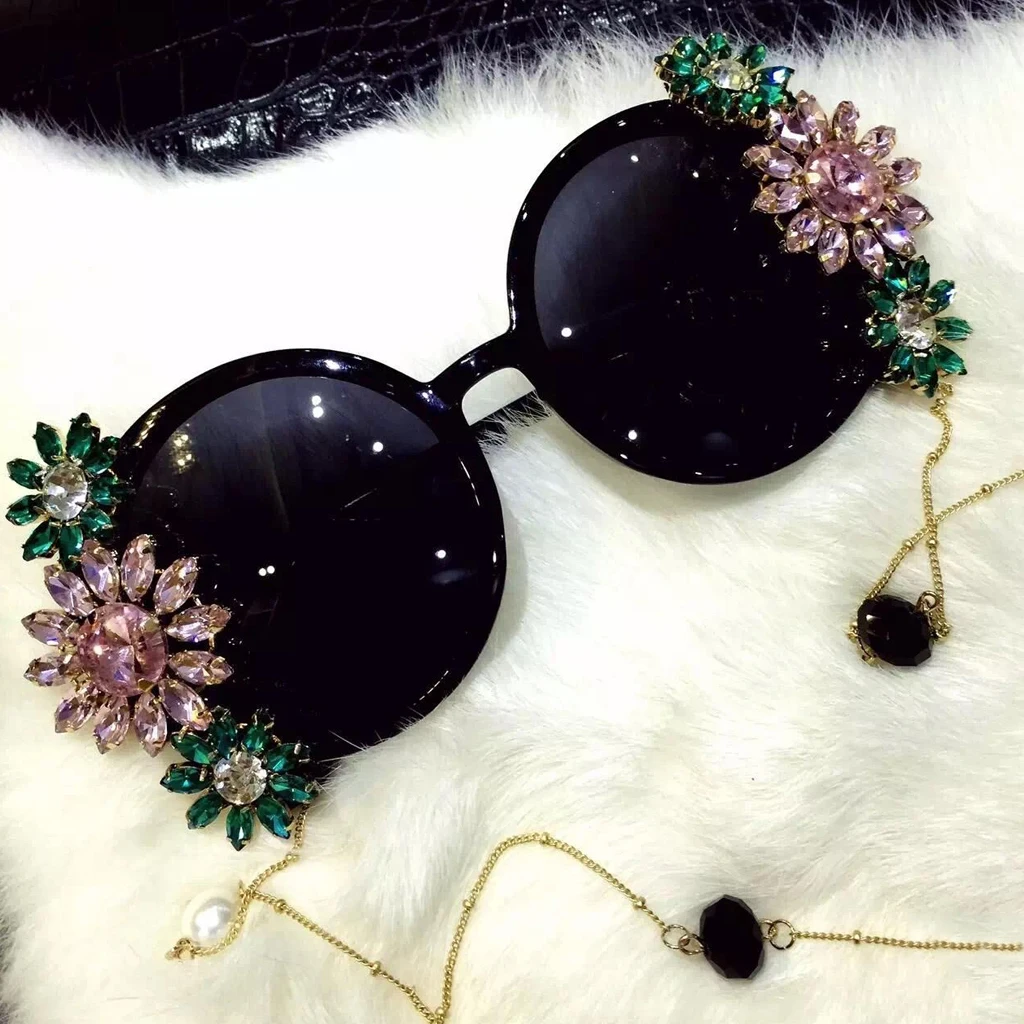 Vintage Black Big Round Flower Faux Rhinestone Crystal Baroque Sunglasses