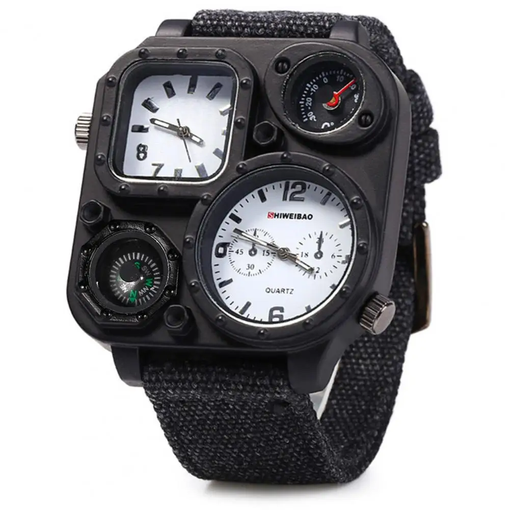 European Style Multifunctional Record Time Male Multi-Time Zone Denim Cloth Strap Wristwatch Male Watch Jewelry Accessory