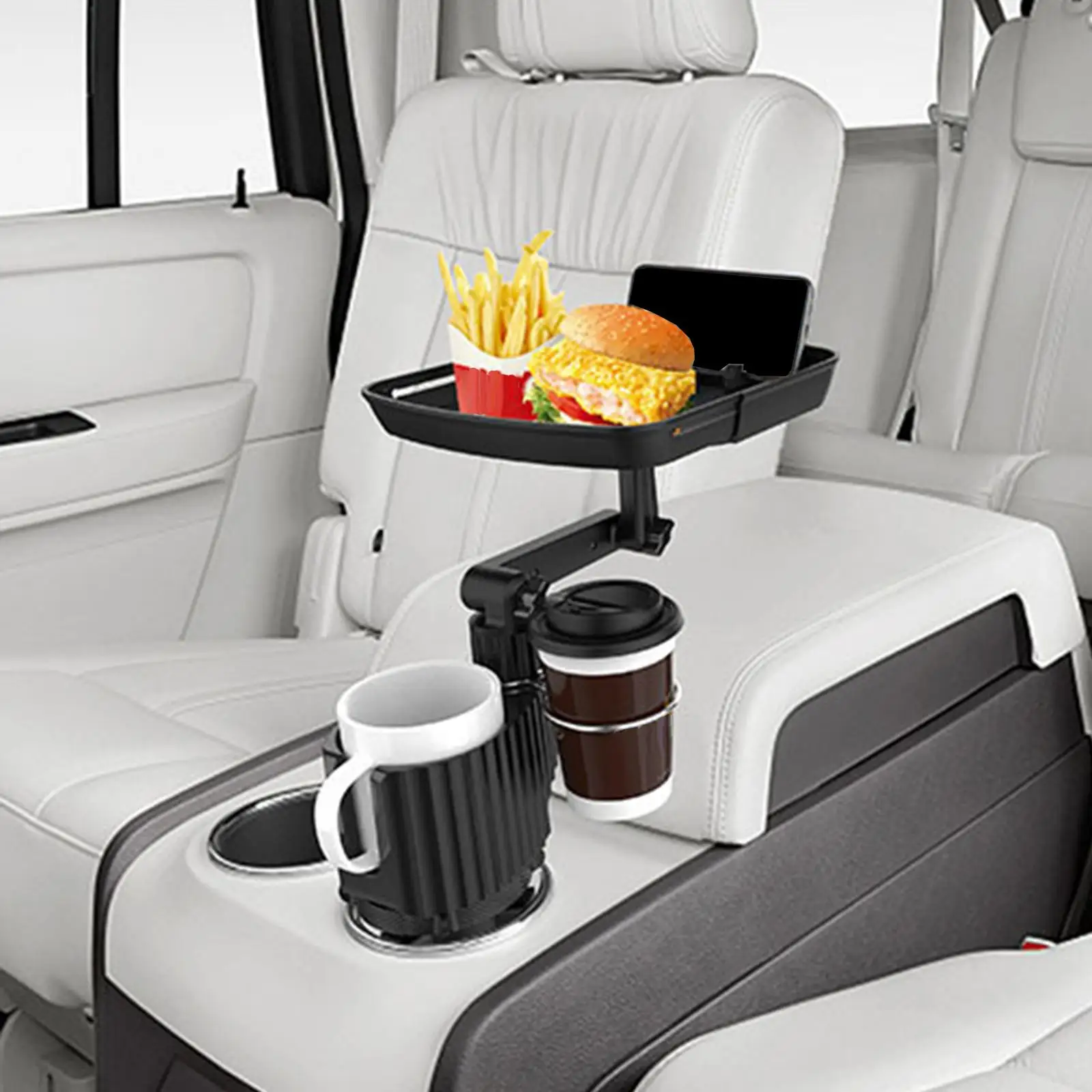 Car Cup Holder Tray Dining Table 360 Swivel Arm Black Sturdy Dinner Plate Multifunctional Practical for Most Car Dining Durable