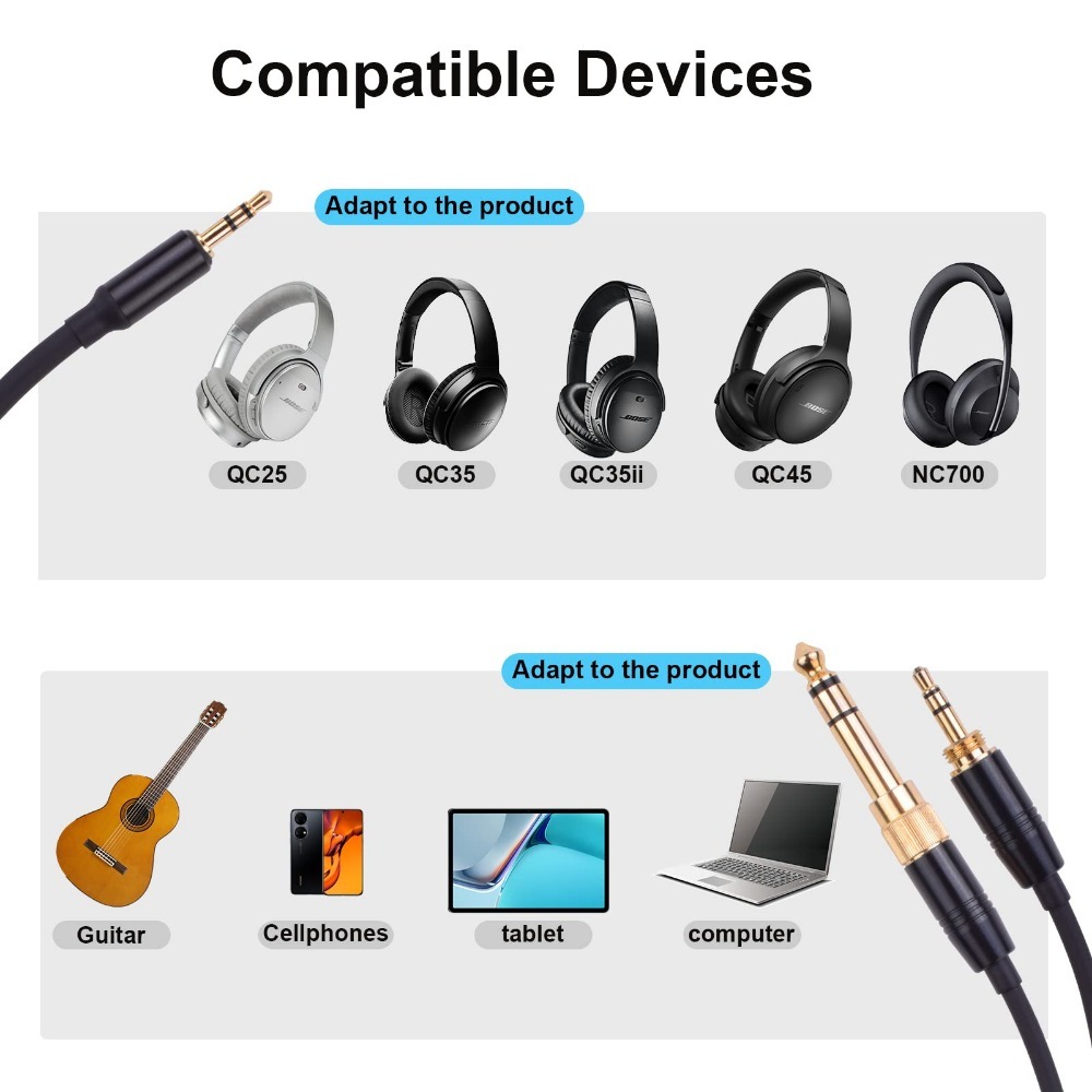 6.35mm Spring Replacement Cable Extension Cord For Bose QC45 QC35 QC25 QuietComfort Ultra 45 35 25 700 OE2 Soundlink Headphones