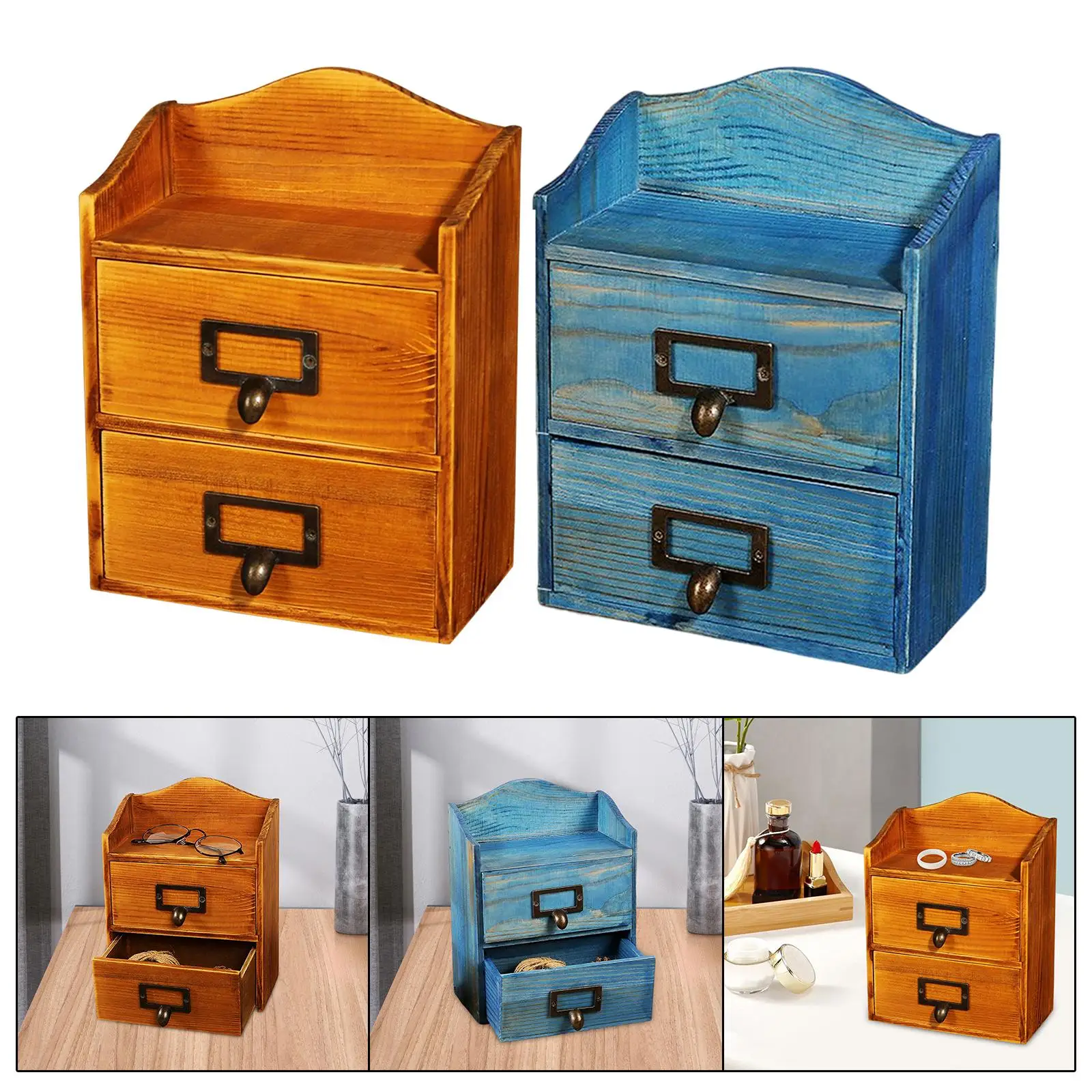 Desktop Drawer Storage Box with 2 Drawers Multifunction Wooden for Workspace
