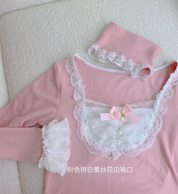 Summer Pink Lace Trim Crop Top Line With Bow Decoration Cute Y2K Top Line  For Women, Slim Fit, Lolita Style, Aesthetic Kawaii Clothes From Long01,  $12.66