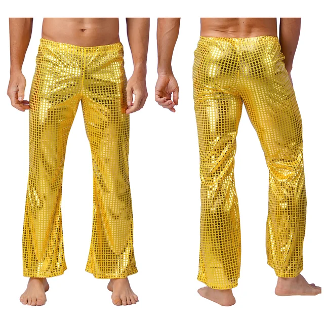 70s Disco Pants for Mens Stage Performance Costumes Bell Bottom Pants  Elastic Waistband Flared Pants Shiny Sequins Long Pants