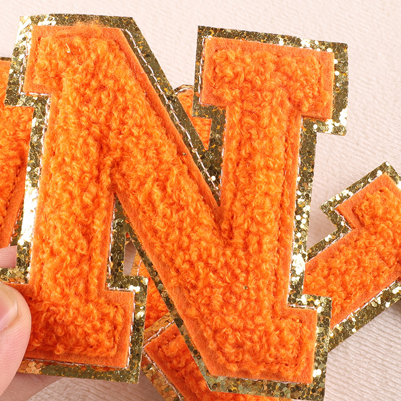 Description Picture 3 of item5.5CM Orange Chenille Letter Patches Iron on For Clothing Towel Embroidered Felt Alphabet Glitter Sequins Letters DIY Accessory
