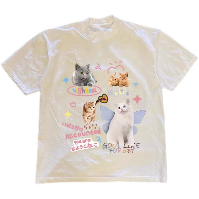 Retro Summer Hip Hop Harajuku Vintage Cat Print Oversized T Shirt 