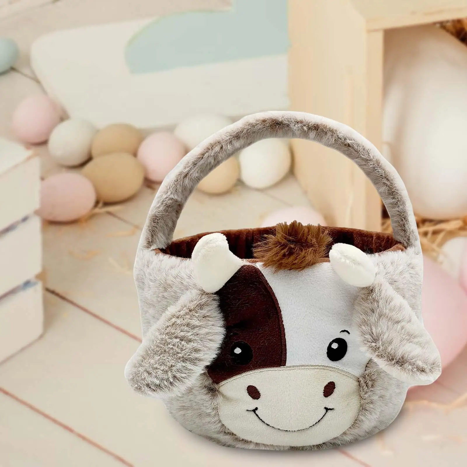 Cute Plush Cow Easter Basket Easter Egg Finding Toys Storage Candy Gifts Bag Reusable for Spring Candies Birthday Decor Kids