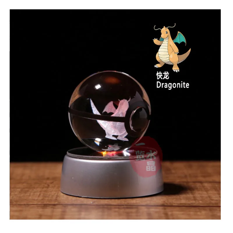 Anime Pokemon Dragonite 3D Crystal Ball Pokeball Anime Figures Engraving Crystal Model with LED Light Base Kids Toy ANIME GIFT