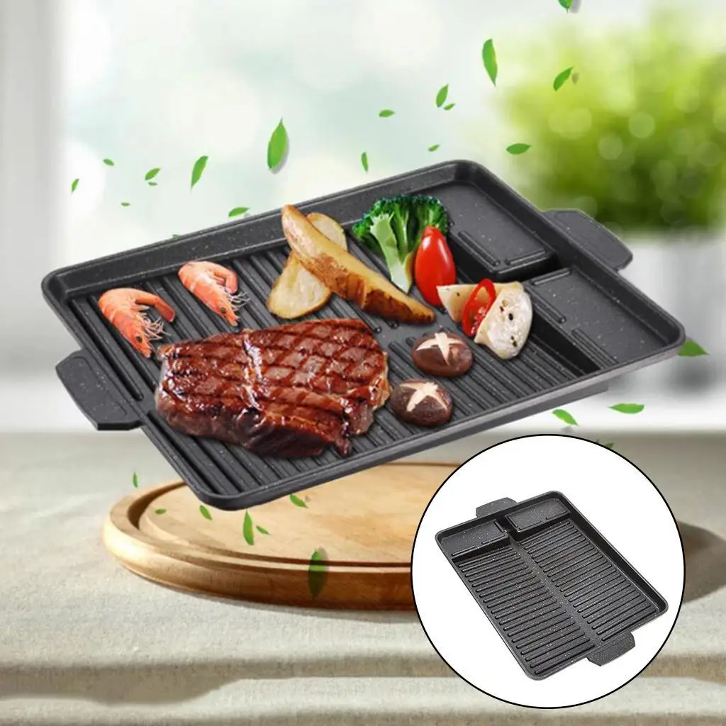 Portable BBQ Grill Pan Frying Griddle Non-Stick w/ Handle Rectangle Korean Smokeless Camping Picnic Black