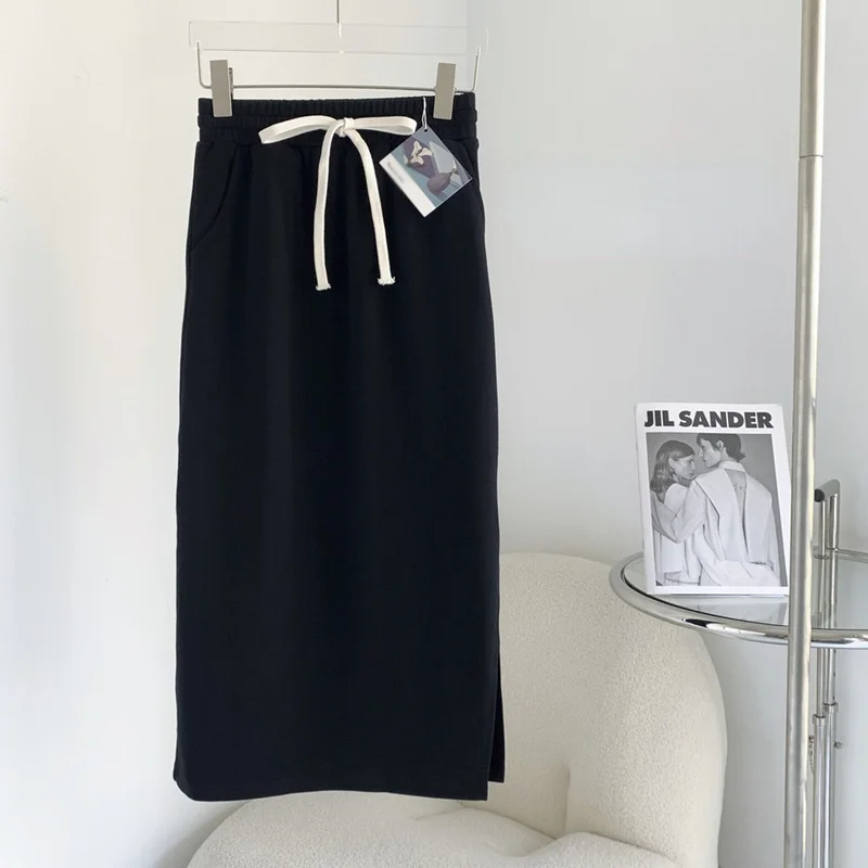 Simple Casual Black Skirts New Women 2022 Draw String Straight Skirt Spring Elastic Waist All Match Solid Jupe Spring Ladies leather skirt