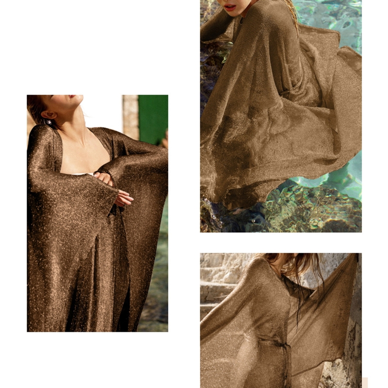 biquini boêmio cobrir poncho frente aberta malha metálica cape beachwear