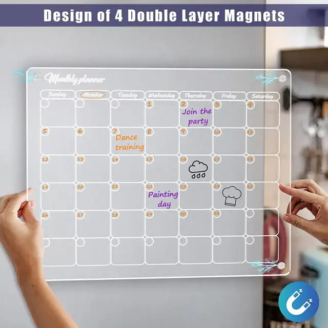 Lot de 2 Calendrier Magnétique Frigo: Tableau Transparent Effaçable  (40x30cm) en Acrylique, avec Planificateur Mensuel & Hebdomadaire, 4  Marqueurs