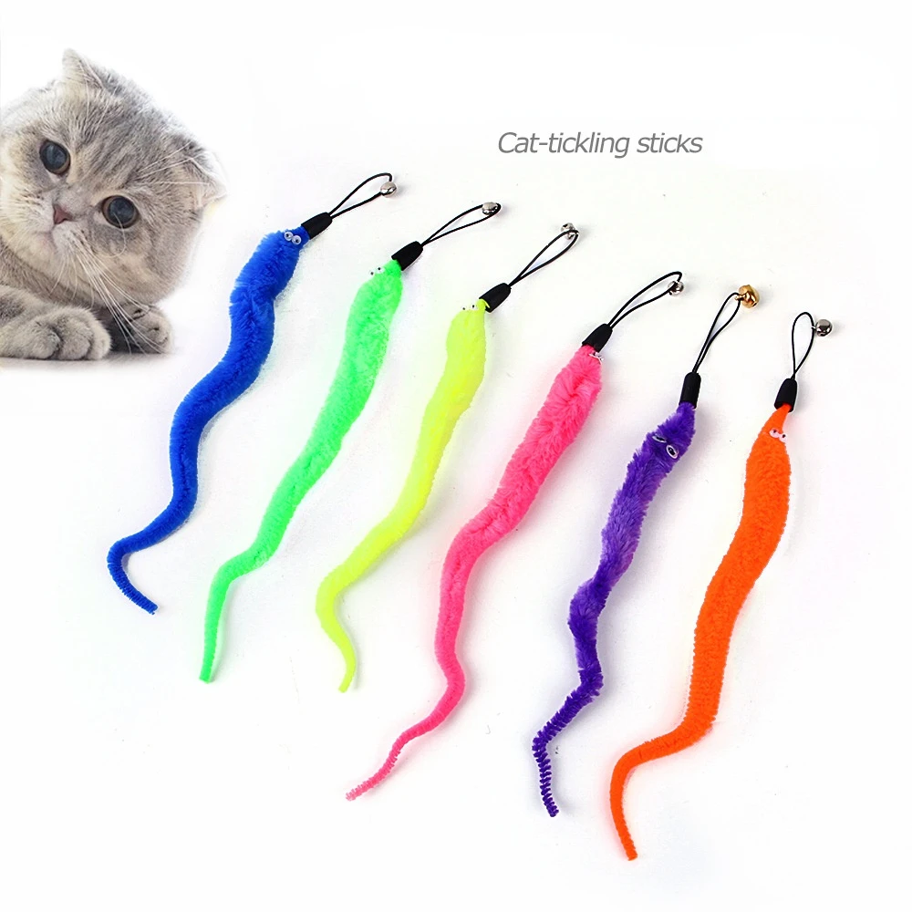 有趣的猫棒玩具毛茸茸的羽毛带铃猫棒玩具小猫玩宠物配件串上的蠕虫猫玩具互动