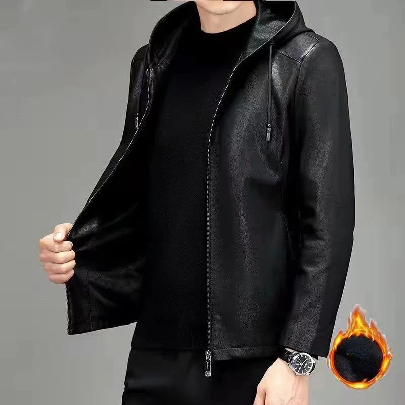 Tanie 2023 moda skórzana kurtka mężczyźni zima zagęścić kurtki skórzane płaszcze sklep