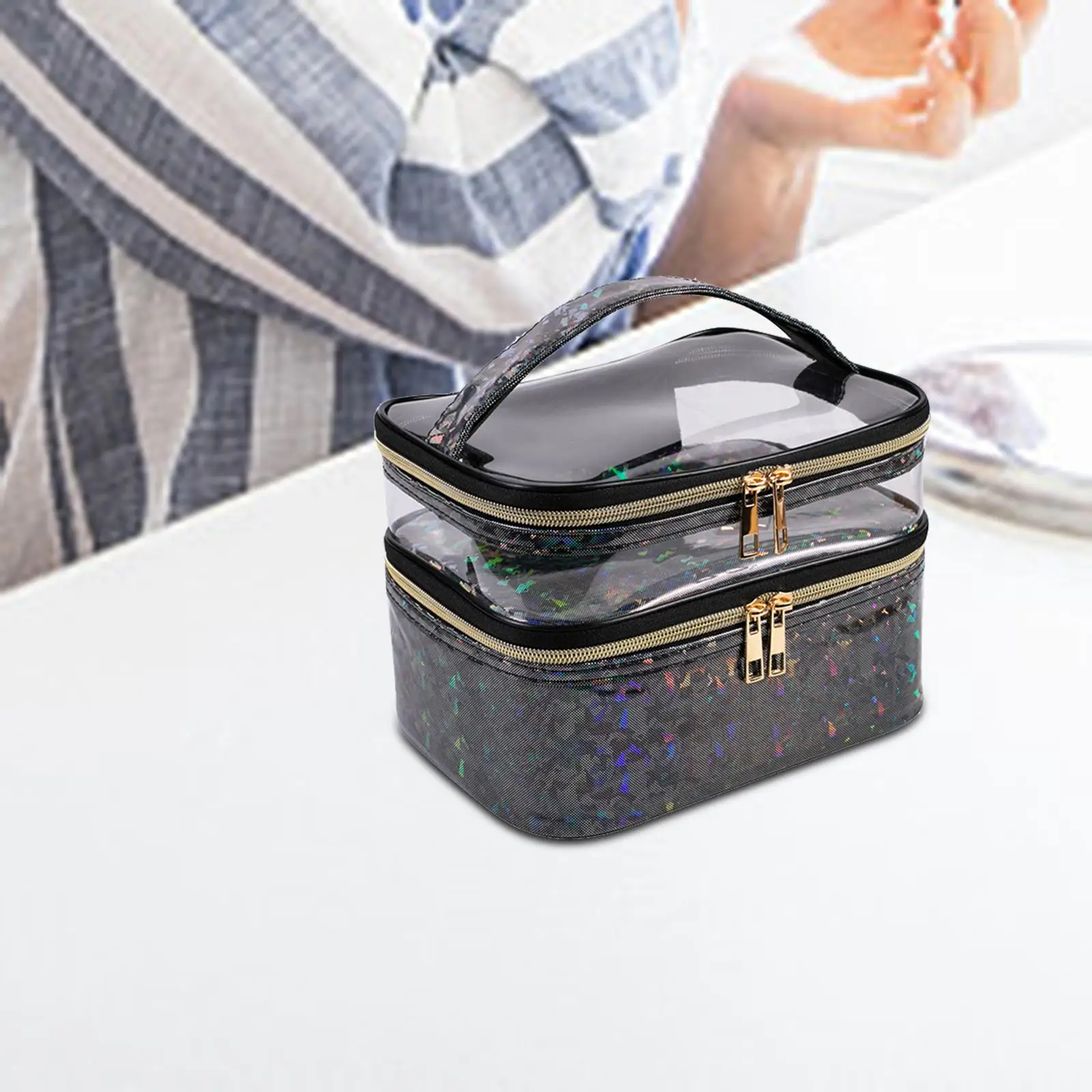 Portable Double Layer Cosmetic Bag Travel Makeup Bag with Handle Foldable