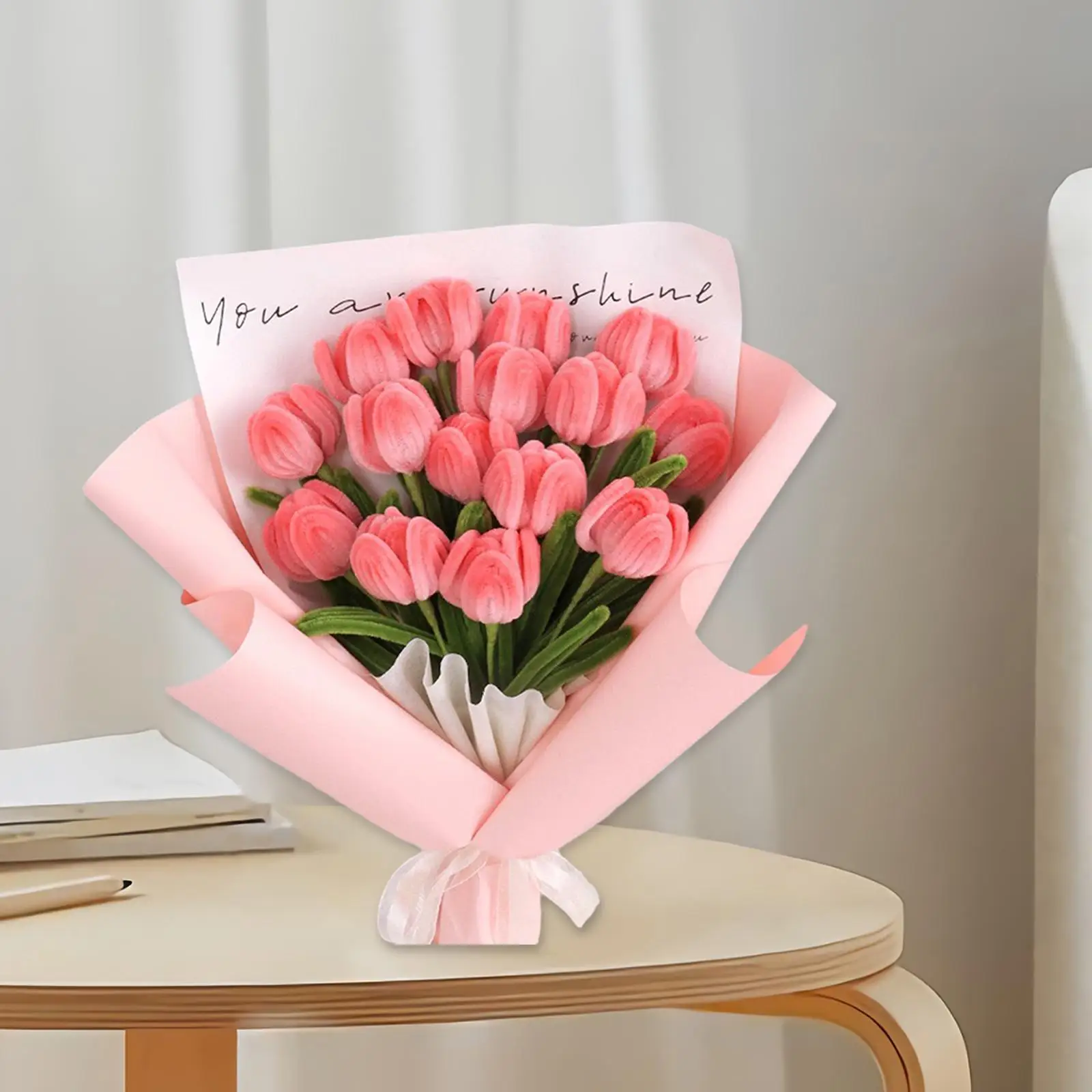 DIY Plush Simulation Flowers Tulip Bouquet Table Bouquet Centerpiece Handmade Flowers with Floral Wrapping Paper