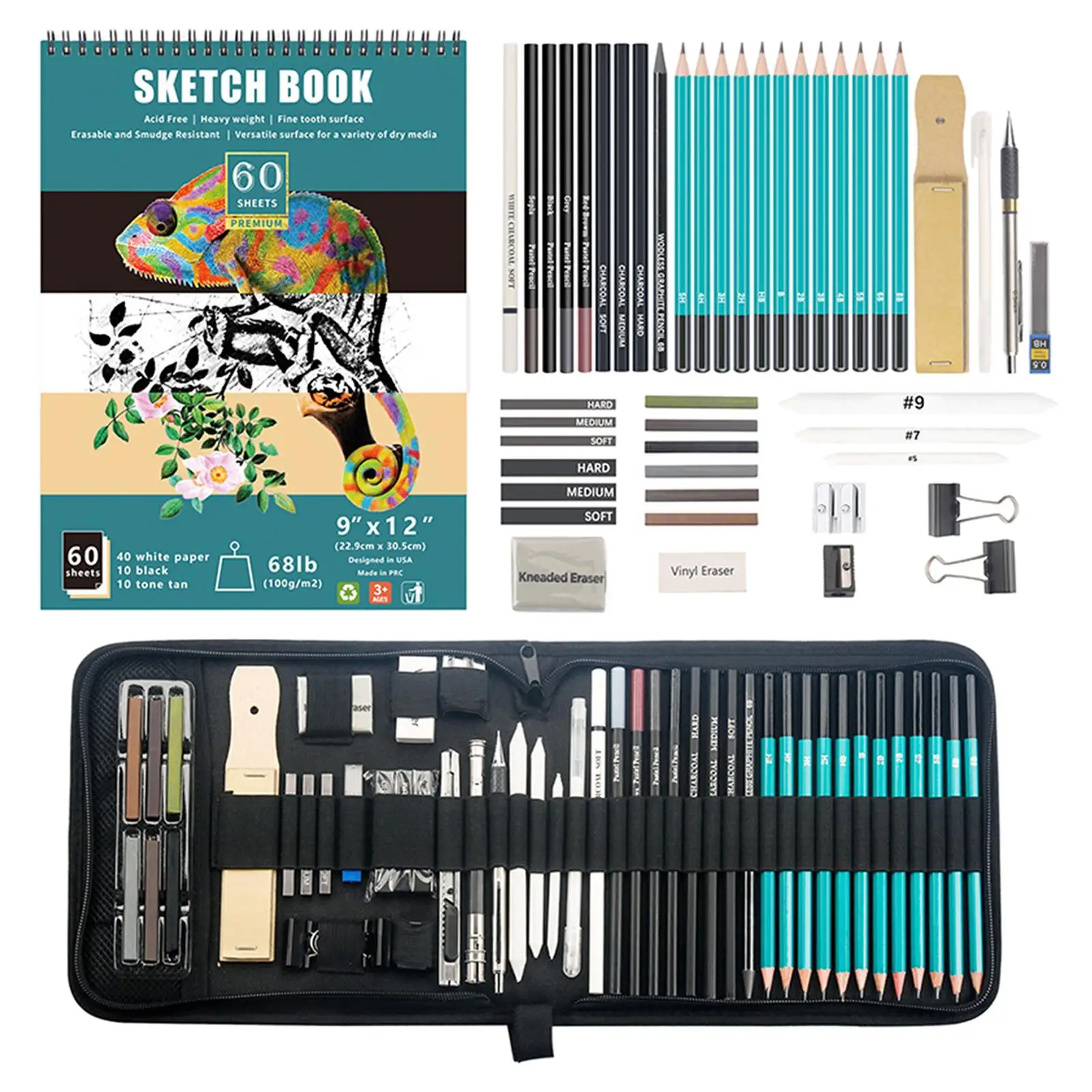 12 Sketching Pencil Set Graphite Pencils Art Tools Charcoal Sketch Kit School 100 Page Drawing Pad Painting Kit for Artist