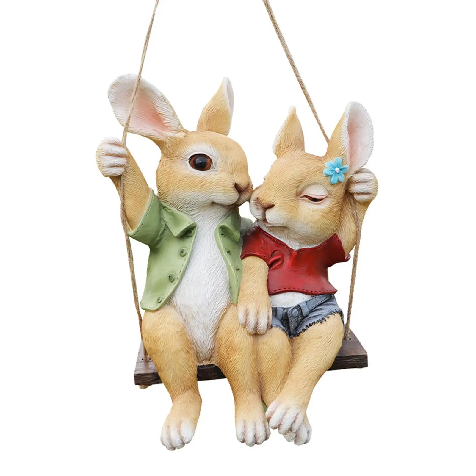 Indoor Outdoor Cute Hanging Rabbits Resin Figurines Garden Statue Swing Bunny Couples for Tree Decoration