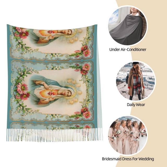 Virgin Mary Shawls Scarf For Women Soft Floral Warm Winter Tassel