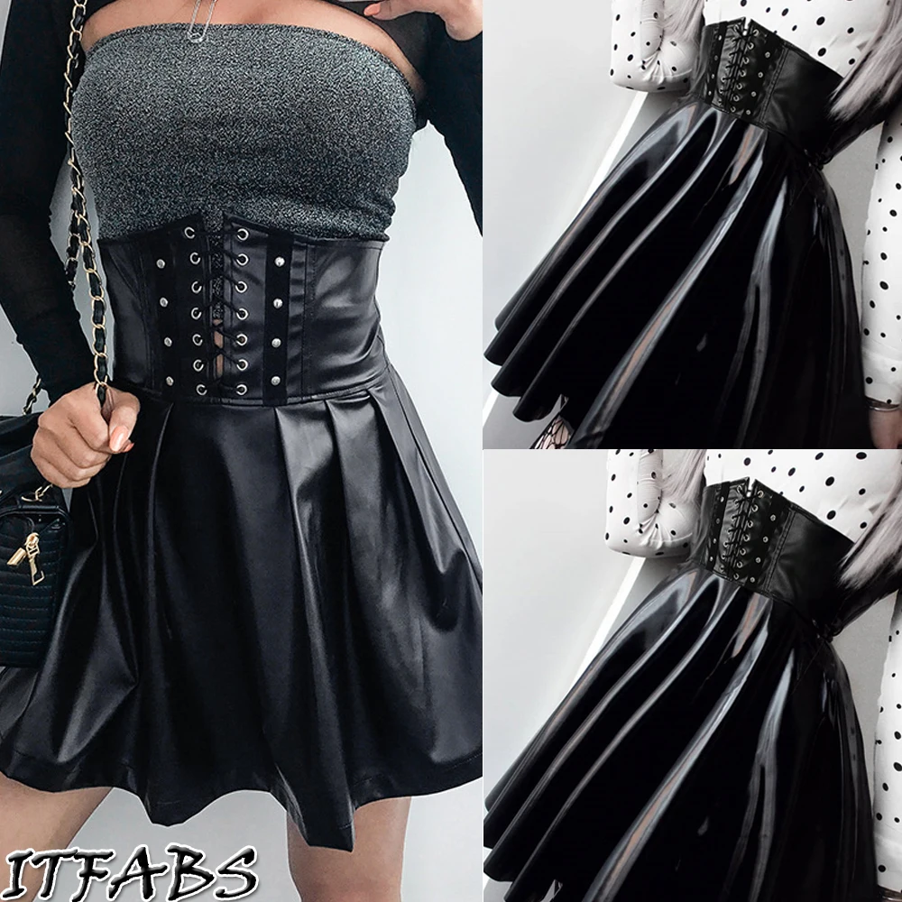 E-girl Gothic PU Leather Pleated Skirts Harajuku High Waist Tight Bandage Mini Skirt Punk Style Grunge Dark Academia Clothes