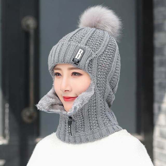 Women Winter Pompom Beanie Set w/ Hat, Face Cover, Neck Warmer - Rofozzi