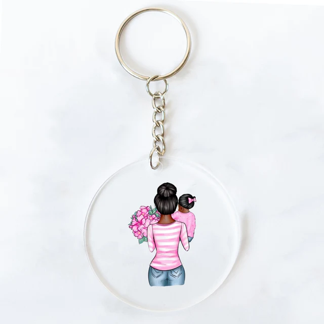 Super Mom & Dad Print Keychain Transparent Circle Keyring Acrylic