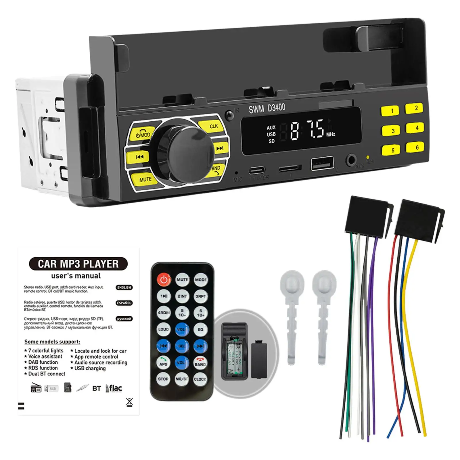 Car Stereo 2 Channels 7 Color Button with Phone Mount AUX in Handsfree Call TF Card FM Radio Receiver for Trucks