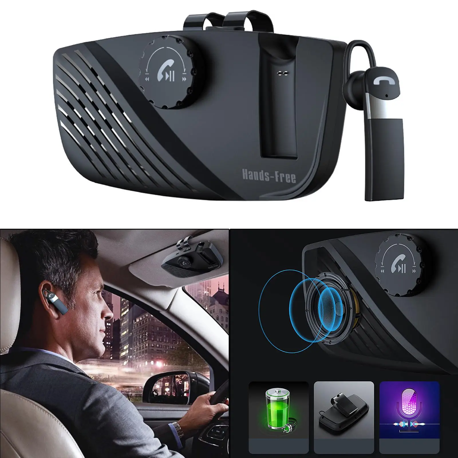Car  Speakerphone Volume Knob Back-Clip with Visor Clip Portable 5.0 Hands   Phone Kit Speaker Adapter for  Assistant
