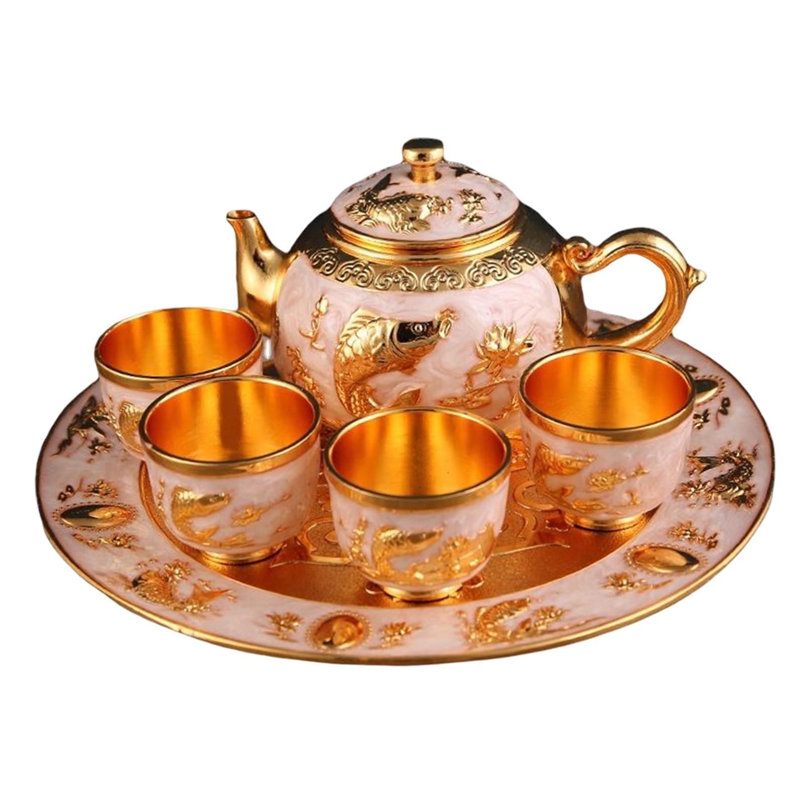 6x Coffee Pot Set with Tray Vintage Style Tea Cups and tray for Living room Ornaments Wedding Gift Dining Table