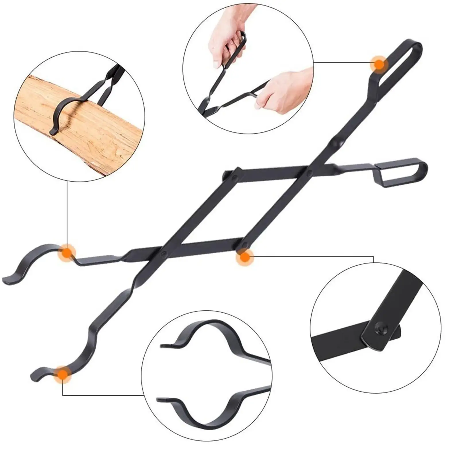 26inch Long Fireplace Tongs Clamp Clip Firewood Metal Log Grabber Log Claw Durable Heavy Duty Reinforced Wrought Iron , Black