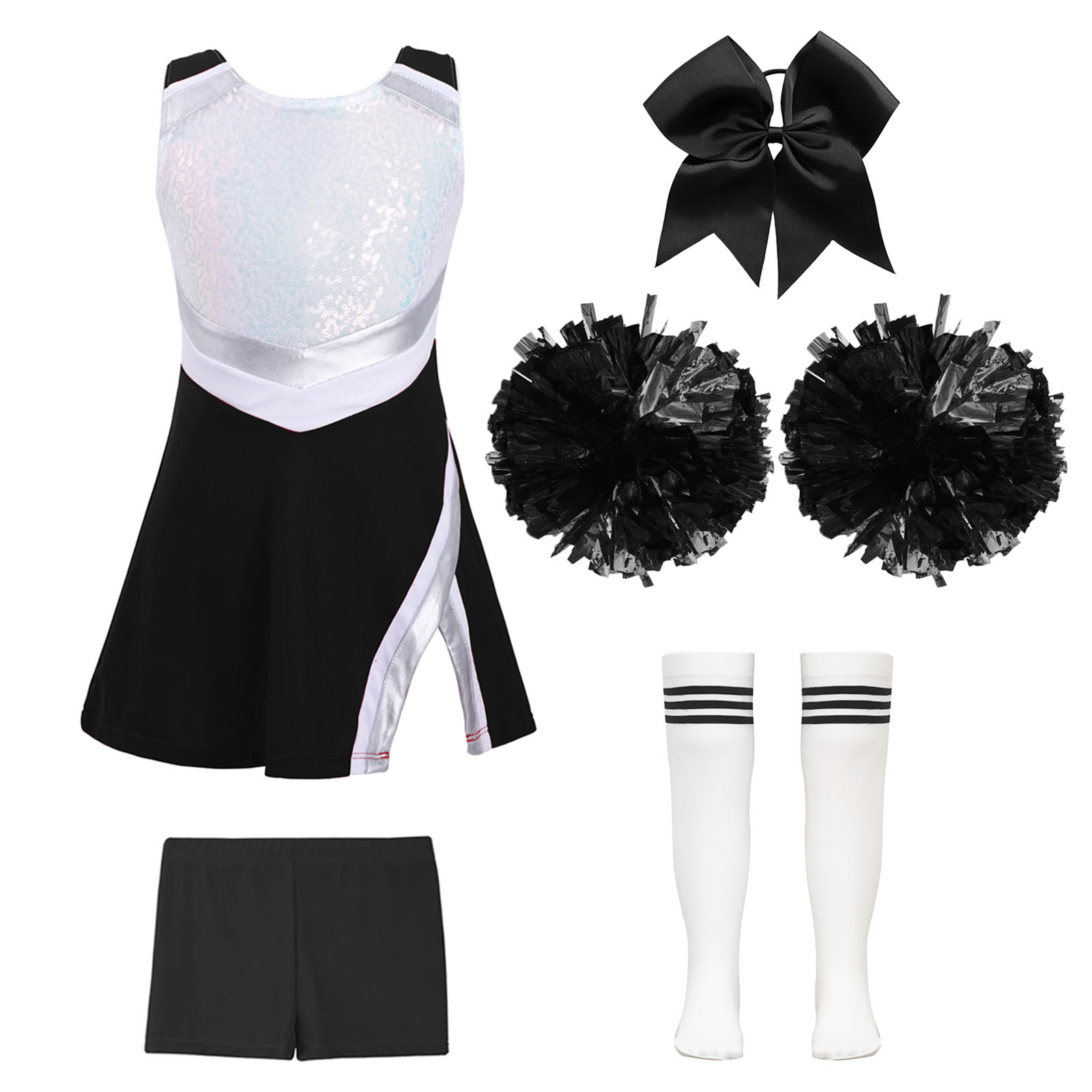 Cheerleader-Kostüm für Mädchen, Cheerleading-Uniform, modernes Tanzoutfit, glänzendes Paillettenkleid mit Shorts, Tanzkleidung – Detail 20