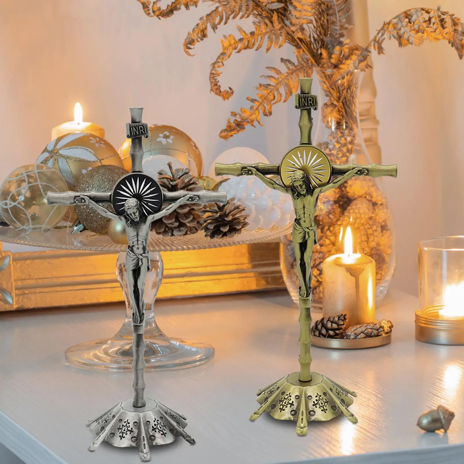 Standing Crucifix with Base Sculpture Collection Miniature Religious Cross Statue Wall Cross for Thanksgiving Christmas Cabinet
