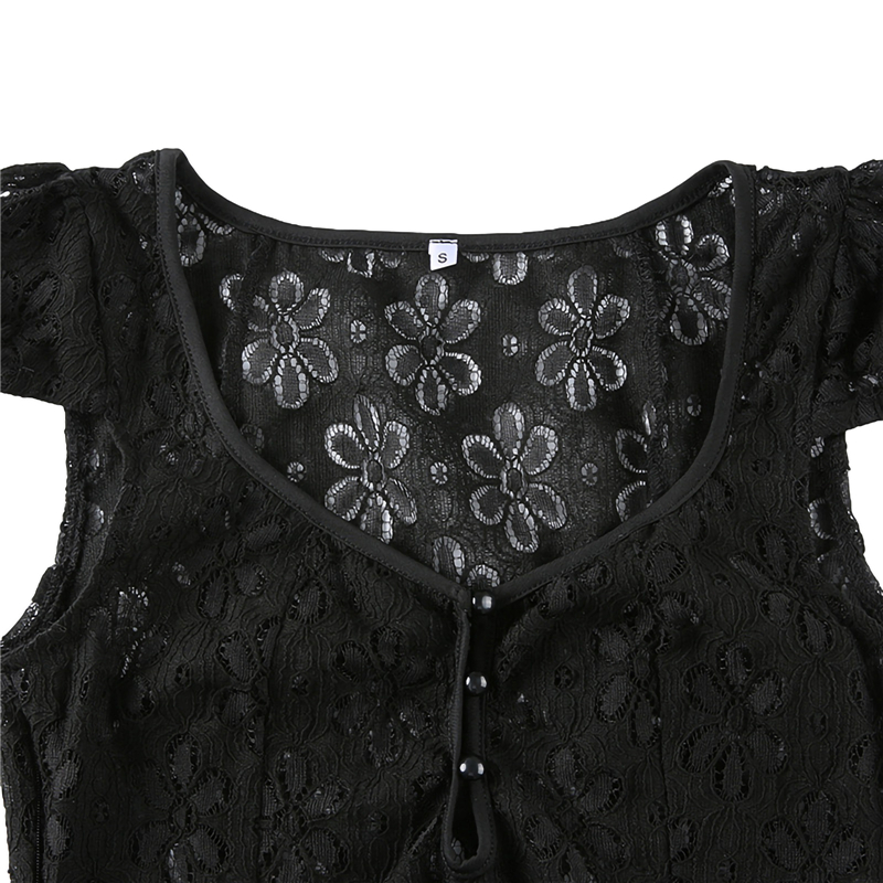 y2k Going Out Mini Lace Dress Summer Women See Through Short Sleeve V Neck Hollow Out Button Down A Line Dress Clubwear