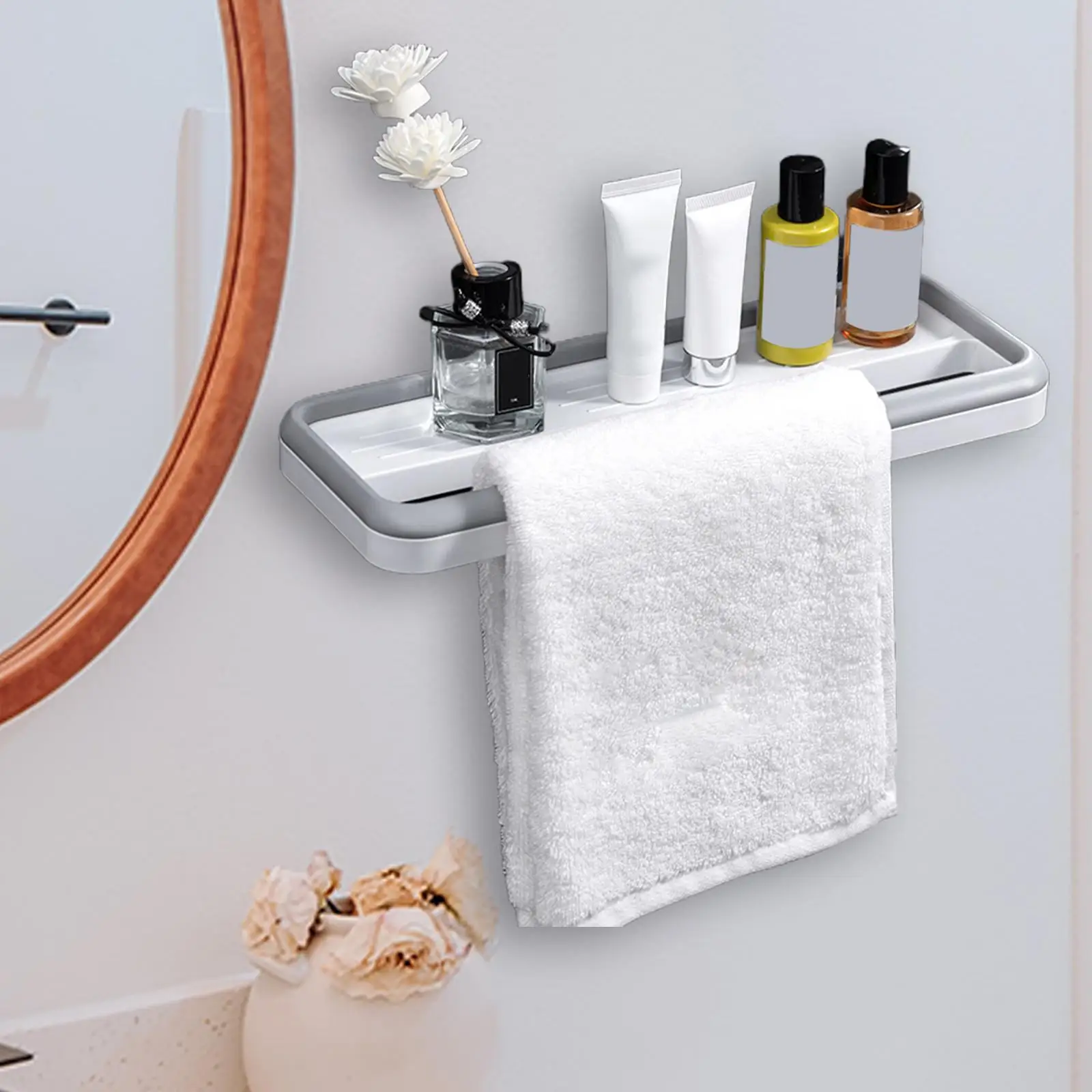 Bathroom Shelf with Towel Rack Storage Stand Wall Mount Shower Shelf Cosmetic Rack Towel Rail for Laundry Room Bedroom Balcony